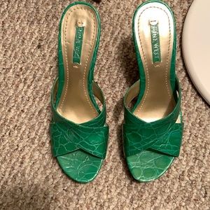 Green wooded heel sandals